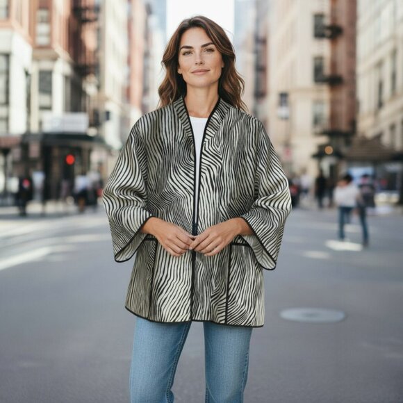 Caroline Rose Zebra Vibe Black Natural Long Sleeve Open Front Jacket Size Large - Picture 2 of 10